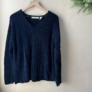 Vintage Carolyn Taylor Dark Blue Chenille Cable Knit Sweater